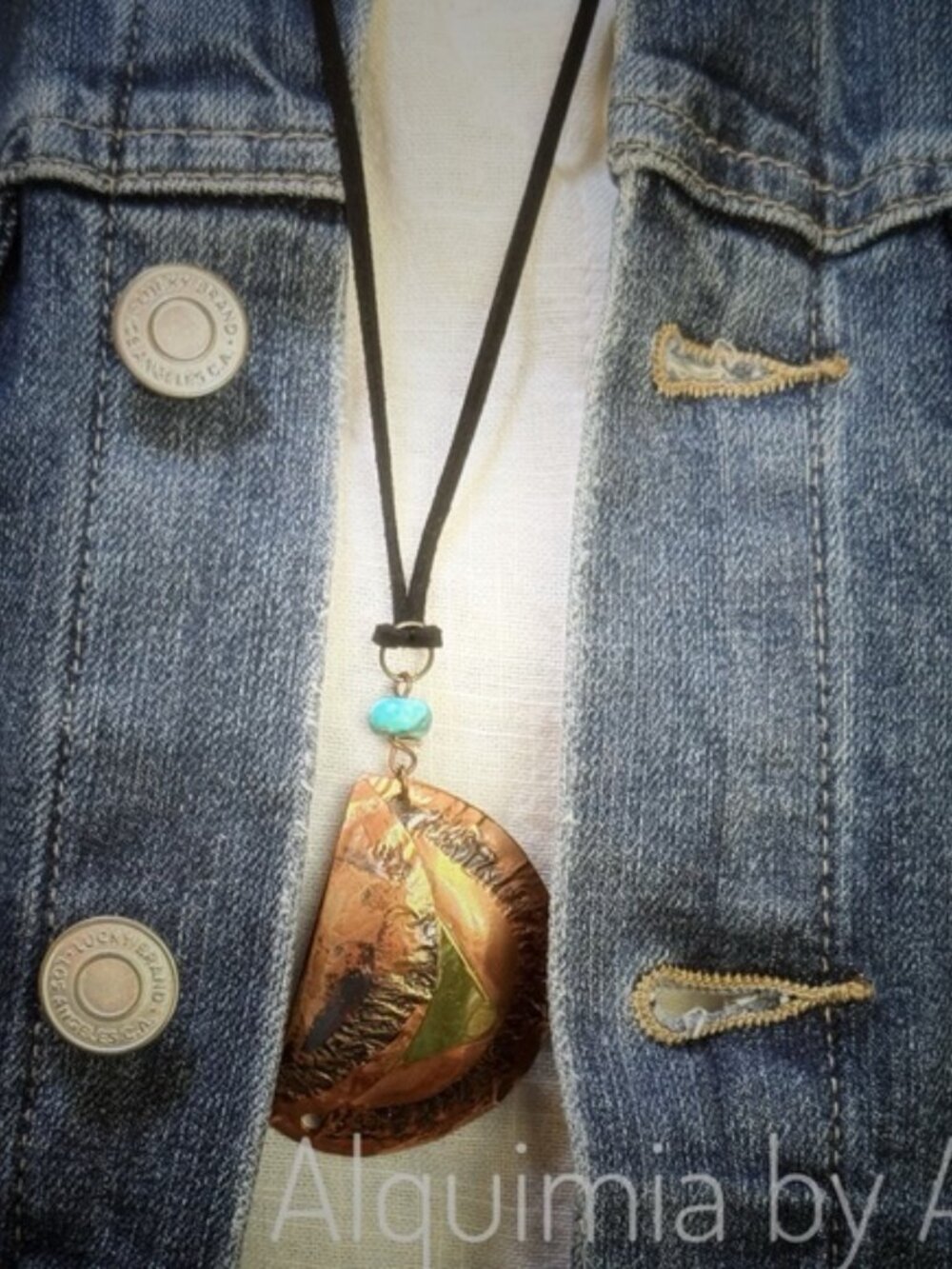 Boho + Turquoise and bronze big pendant necklace